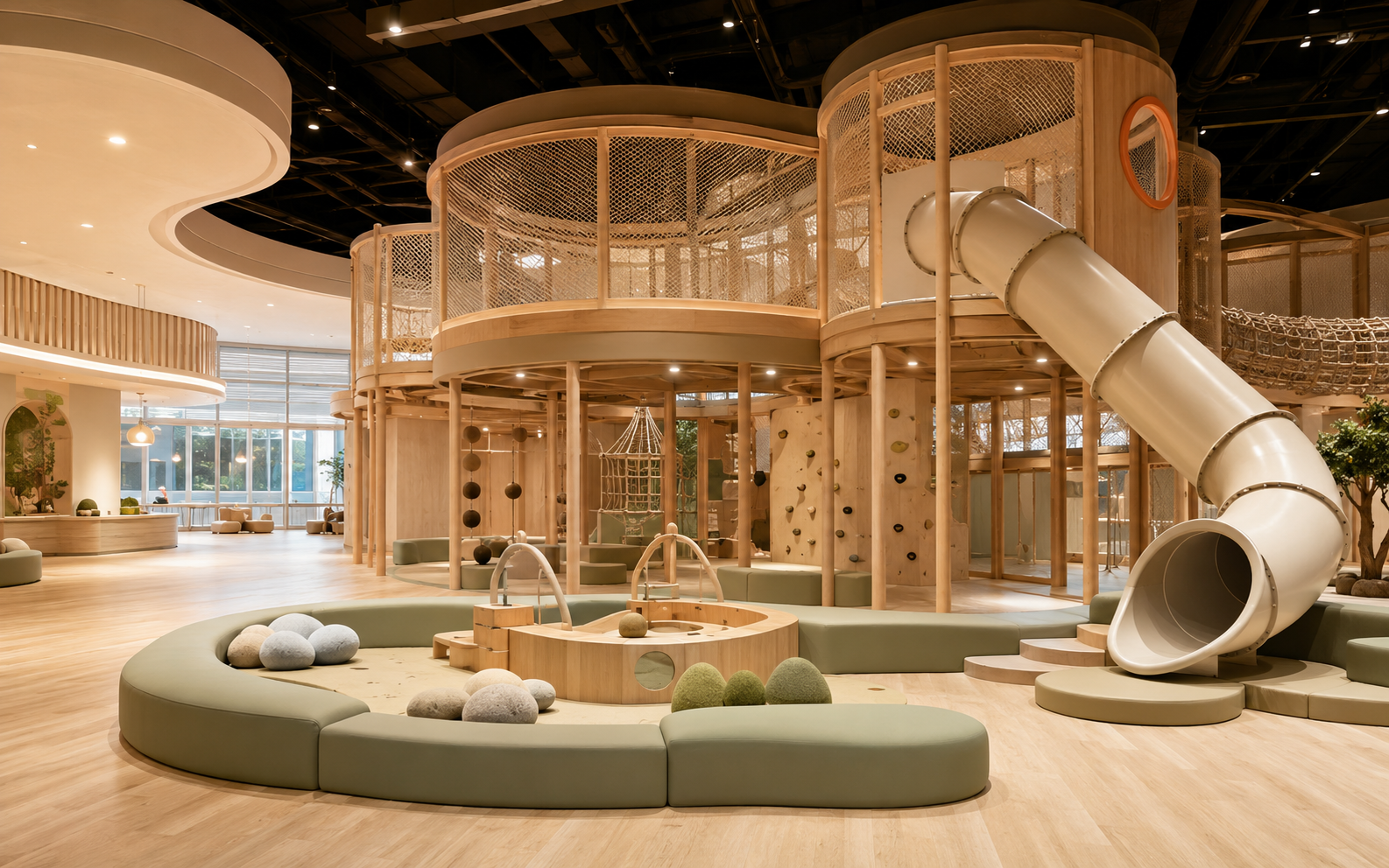 Premium custom indoor playground concept in timber and muted sage